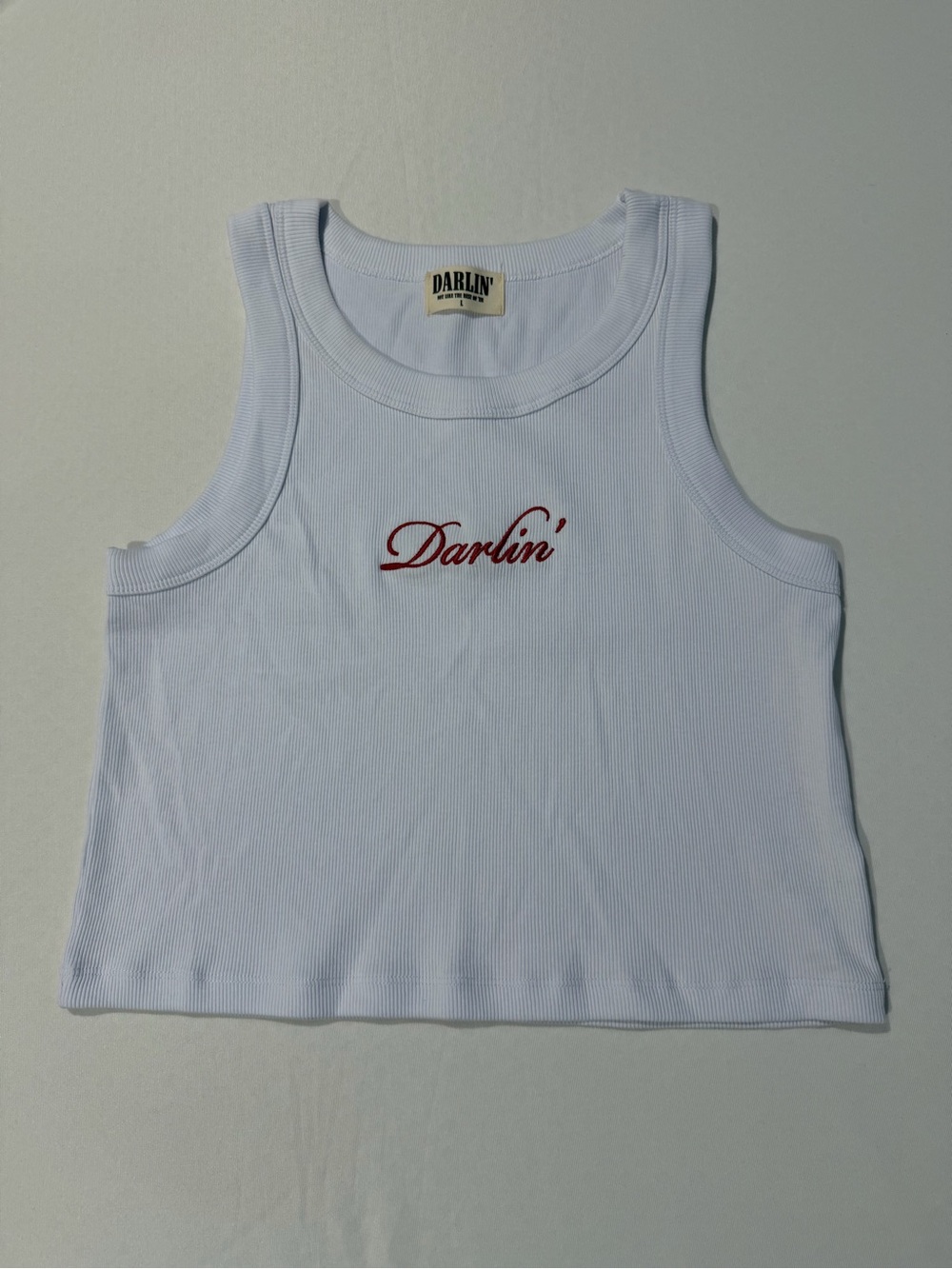 DARLIN White Ribbed Tank with Red Script